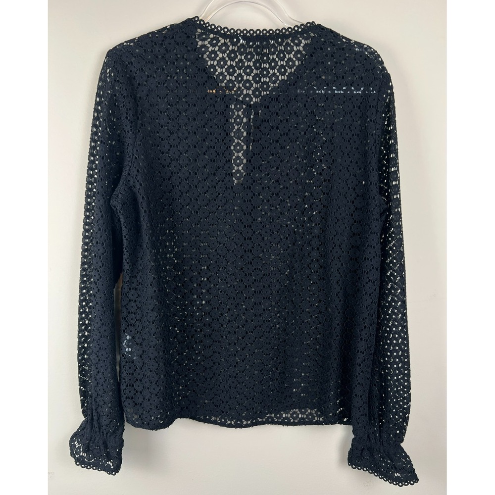 Boden Geo Lace Top US 12 Black Romantic Sheer Lace Blouse Tie Neck - Picture 6 of 10